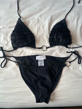 Jessica Simpson Black Ruffle Triangle Bikini with Ring Accents
